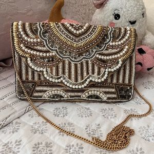 Lulus Beaded Clutch Gold, rose gold and white pearl